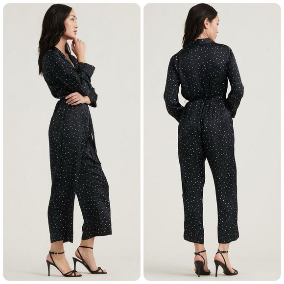 Lucky Brand Polkadot Printed Button Front Satin Jumpsuit in Black and White - Picture 2 of 12